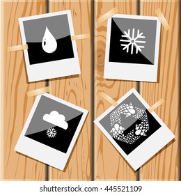  Weather set. Photo frames on wooden desk. Vector icons.