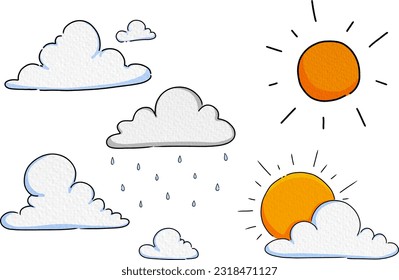 Weather set, sun and cumulus. Vector illustration. 