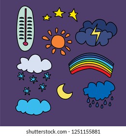 WEATHER SET VECTOR ILLUSTRATION. SUN, CLOUD, RAINBOW, RAIN, SNOW, LIGHTNING, THERMOMETER, STEM