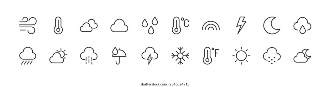 die Vektorgrafik-Symbole der wetterfesten Linien. Designelemente für dünne Linien. Sammlung bearbeitbarer Strich-Symbole