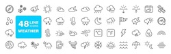 Weather Set Of Web Icons In Line Style. Forecast Weather Icons For Web And Mobile App. Forecast, Clouds, Sunny Day, Wind, Snowflakes, Sun, Rain, Thunder Storm, Dew, Wind, Moon. Vector Illustration