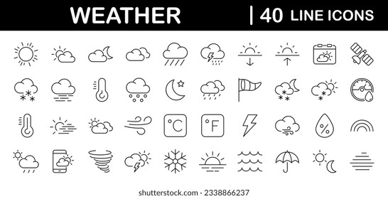 Weather set of web icons in line style. Forecast weather icons for web and mobile app. Forecast, clouds, sunny day, wind, snowflakes, sun, rain, thunder storm, dew, wind, moon. Vector illustration