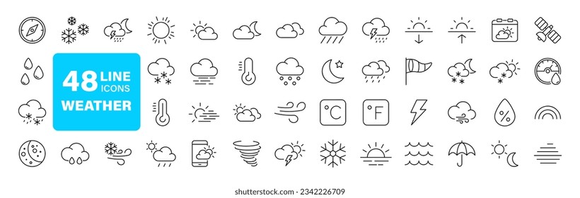 Weather set of web icons in line style. Forecast weather icons for web and mobile app. Forecast, clouds, sunny day, wind, snowflakes, sun, rain, thunder storm, dew, wind, moon. Vector illustration