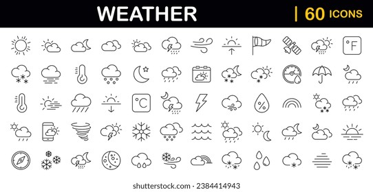 Weather set of web icons in line style. Forecast weather icons for web and mobile app. Forecast, clouds, sunny day, wind, snowflakes, sun, rain, thunder storm, dew, wind, moon. Vector illustration