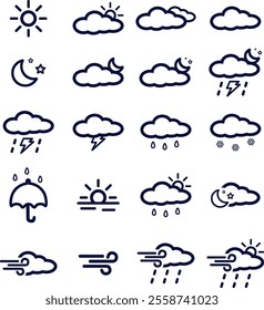 Weather set of web icons in line style. Forecast weather icons for web and mobile app. Forecast, clouds, sunny day, wind, snowflakes, sun, rain, thunder storm, dew, wind, moon. Vector illustration