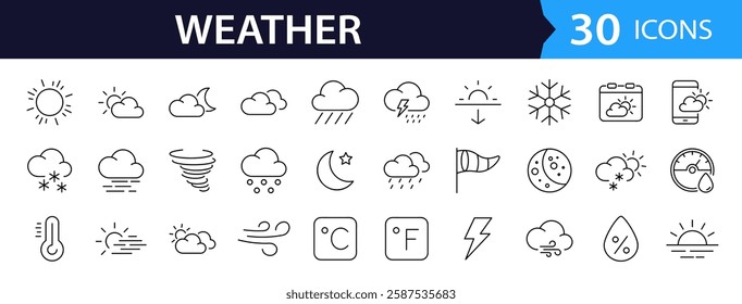 Weather set of web icons in line style. Forecast weather icons for web and mobile app. Forecast, clouds, sunny day, wind, snowflakes, sun, rain, thunder storm, dew, wind, moon. Vector illustration