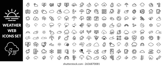 Weather set of web icons in line style. Forecast weather icons for web and mobile app. Forecast, clouds, sunny day, wind, snowflakes, sun, rain, thunder storm, dew, wind, moon. Vector illustration