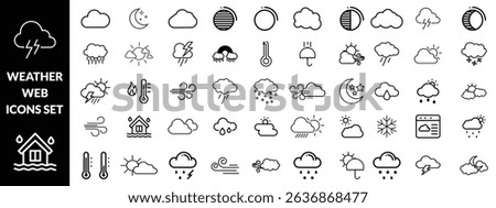 Weather set of web icons in line style. Forecast weather icons for web and mobile app. Forecast, clouds, sunny day, wind, snowflakes, sun, rain, thunder storm, dew, wind, moon. Vector design 