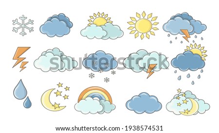 Weather set. White clouds, dew on leaves, fog sign, day and night for forecast design. Sun and thunderstorm stickers. Colourful cartoon weather icons collection.
