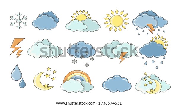 Weather set. White clouds, dew\
on leaves, fog sign, day and night for forecast design. Sun and\
thunderstorm stickers. Colourful cartoon weather icons\
collection.