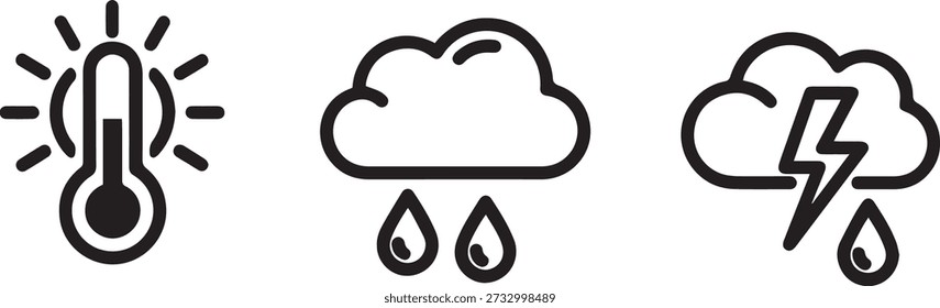 Clima que muestra la nube de la lluvia del termómetro y el relámpago en el fondo blanco Palabras claves: Clima