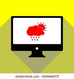 Weather sign illustration. Vector. Red icon on white monitor of black all-in-one desktop computer with two shadows at yellow background.