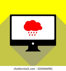 Weather sign illustration. Vector. Red icon on white monitor of black all-in-one desktop computer with two shadows at yellow background.