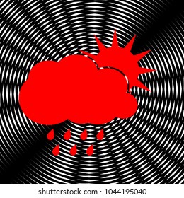 Weather sign illustration. Vector. Red icon on white and black radial interference as background.