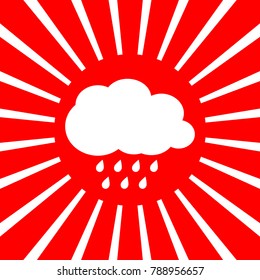 Weather sign illustration. Vector. White icon on red sun with rays as background. Isolated.