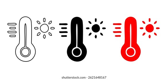 Wetterschild. Temperatursymbolsatz. Symbol für die Temperaturskala. Warmes kaltes Symbol