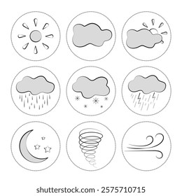 Weather signs. Cloud, rain, wind, tornado, lightning, thunder, moon and stars. Windy, snowy, rainy, sunny, cloudy minimalist icon. Web weather symbols in a circle. Meteorologists forecast.