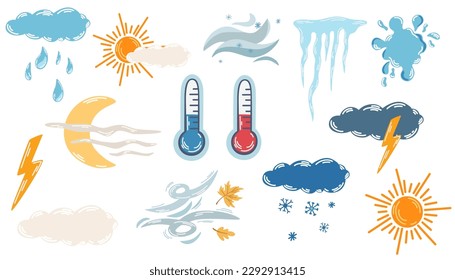 Weather Signs set. Weather forecast. Colorful weather, climate, forecast, stars icons. Sky, clouds, meteorology. Vector illustration for label, logo, emblem, symbol.