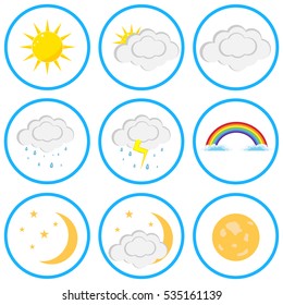Weather signs, Weather signs vector, sun, clouds, storm clouds, rain, rainbow, moon, stars. Flat design, vector.