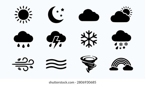 Weather silhouette vector set including sun, moon, clouds, rain, snowflake, lightning, tornado, rainbow, wind, fog, clean black icons