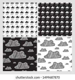 Weather, sky, clouds, rain. Seamless patterns with cute decorative clouds. All elements are  hidden under mask. Patterns are not cropped and can be edited