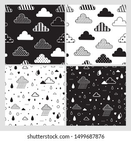 Weather, sky, clouds, rain. Seamless patterns with cute decorative clouds. All elements are  hidden under mask. Patterns are not cropped and can be edited