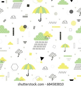 Weather, sky, clouds, rain. Seamless pattern with cute decorative clouds. All elements are  hidden under mask. Pattern are not cropped and can be edited