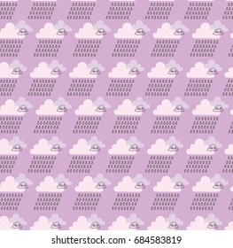 Weather, sky, clouds, rain. Seamless pattern with cute decorative clouds. All elements are  hidden under mask. Pattern are not cropped and can be edited