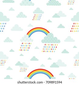 Weather, sky, clouds, rain. Seamless pattern with cute decorative clouds and rainbow. All elements are  hidden under mask. Pattern are not cropped and can be edited.