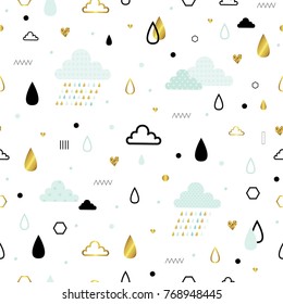 Weather, sky, clouds, rain. Seamless pattern with cute decorative clouds and rainbow. All elements are  hidden under mask. Pattern are not cropped and can be edited.