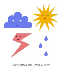 Weather sky symbols in cartoon style hand drawn cloud, sun, thunderstorm, sun, rain. Set with weathers meteorological condition icon  isolated flat vector illustration. Design elements for card, print