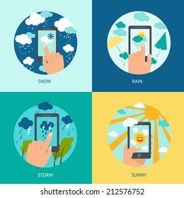 Weather smart phone set snow rain storm and sunny forecast isolated vector illustration