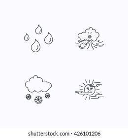 Weather, snow and rain icons. Water drops and mist linear signs. Flat linear icons on white background. Vector