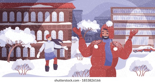 Weather snowfall flat composition of outdoor scenery with banks of snow on houses cars with people vector illustration