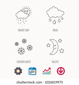 Weather, snowflakes and rain icons. Moon night linear sign. Calendar, Graph chart and Cogwheel signs. Download colored web icon. Vector