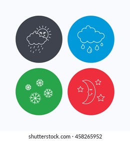 Weather, snowflakes and rain icons. Moon night linear sign. Linear icons on colored buttons. Flat web symbols. Vector