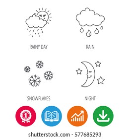 Weather, snowflakes and rain icons. Moon night linear sign. Award medal, growth chart and opened book web icons. Download arrow. Vector
