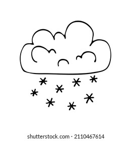 The weather is snowy cloudy with snow flakes. Vector doodle cloud. Hand drawn meteorological forecast symbols. Cold winter snowfall season. Thin line web design icon.