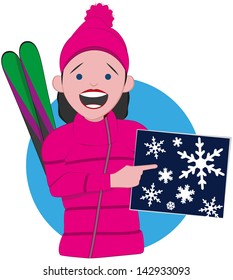 Weather: Snowy Season - A cute girl shows the snowflakes depicted on the sign