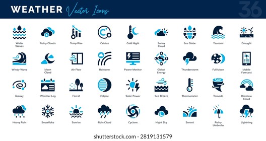 Weather solid icon set. Containing Forecast, weather, sun, rain, cloud, snow, storm, temperature, wind, moon, climate, disaster, and natural flat icon pack. Vector fill illustration 
