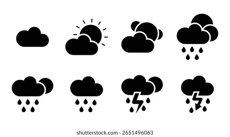 Weather solid icon set. Weather forecast, clouds, sunny day, moon, snowflakes, wind, sun day. weather icon set silhouette vector illustration.