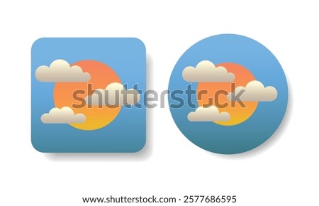 Weather square and round shape icons with partly cloudy day. Hand drawn isolated vector illustrations in flat design.