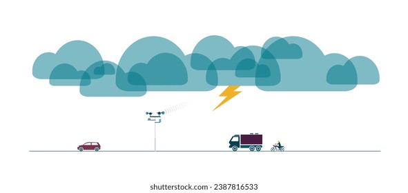 Weather station radar next to a road with vehicles passing by as a thunderstorm brews. Technology, traffic. Flat style colorful vector illustration isolated on white background.