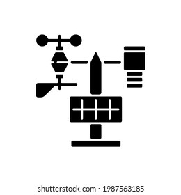 Weather stations black glyph icon. Agriculture meteo analysis. Optimal farming conditions. Weather data. Environmental monitoring. Silhouette symbol on white space. Vector isolated illustration