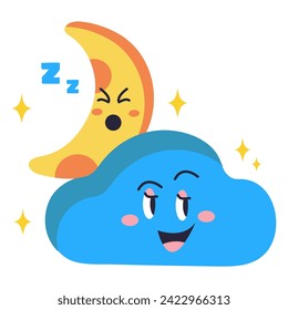 Weather sticker of colorful set. This cartoon design feature a lovable moon and cloud on a white background. Vector illustration.