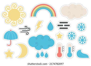 Weather Stickers. Cute Cloud Weather, Sun, Moon, Star, And Rainbow