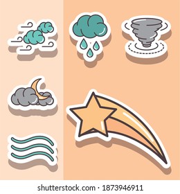 weather stickers icons shooting star cloud hurricane moon night vector illustration line and fill style