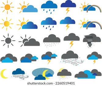 Weather stickers. Sun, moon, clouds and rainbow.  With rain, snow and wind. With and without a gradient. Yellow, blue, and gray colors.