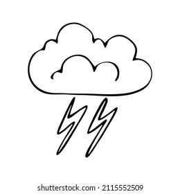 The weather is stormy cloudy with lightning. Vector doodle cloud. Hand drawn meteorological forecast symbols. Cold storm season. Thin line web design icon.