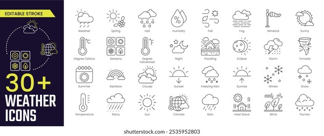 Coleções de ícones do Tempo Traçado. Ícones de primavera, Granizo, Umidade, Queda, Nevoeiro, inverno, Neve, Vento, Chuvoso e Estações. Ícone de traçado editável coleção Ícone de estrutura de tópicos